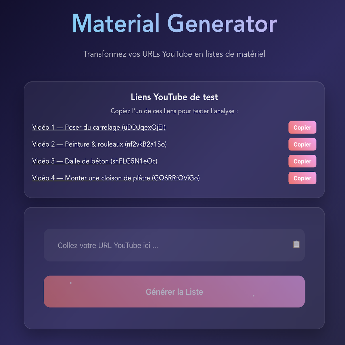 Projet de générateur de liste d'outils via un url youtube avec Laravel 12 et vuejs3 par Killian Filâtre, développeur web à Caen